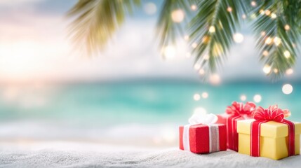 Colorful holiday gifts beside tranquil beach with palm trees and sunset glow