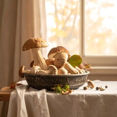 Autumnal mushrooms in a bowl