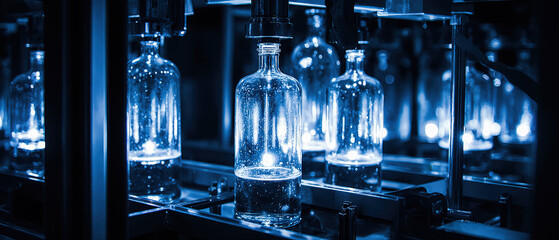 Close-up of a glass bottle on a production line, highlighting industrial manufacturing, bottling, and modern factory operations.