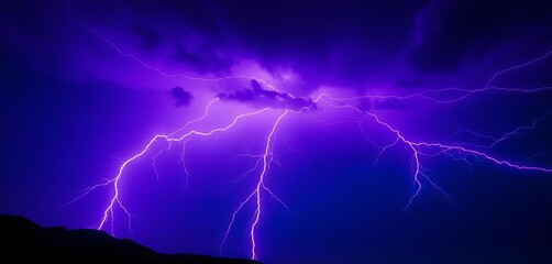Night sky, vibrant purple and blue, jagged lightning bolts striking across the frame,  purple,  dynamic
