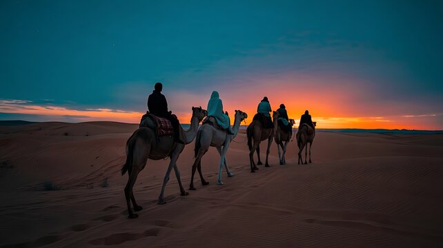 Experience the magic of a camel caravan journey across stunning desert sands at sunset - Powered by Adobe