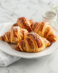 Freshly baked croissants served on a clean white plate with a minimal style. Perfect for bakery menus, food photography, breakfast themes, culinary projects, and lifestyle design content.