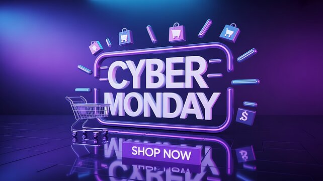 Cyber monday sale with shopping cart and bags, shop now button, neon lights