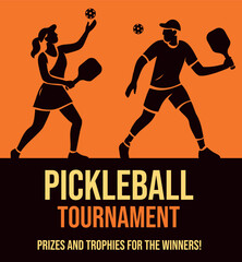 A vector pickleball tournament banner on an orange background featuring two silhouettes of players with rackets and swords in dynamic poses. For advertising, posts,tournament promotion on social media