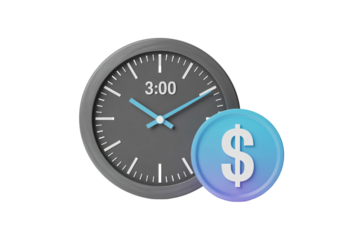 Time is money concept with clock showing three o'clock and dollar coin symbol on transparent background