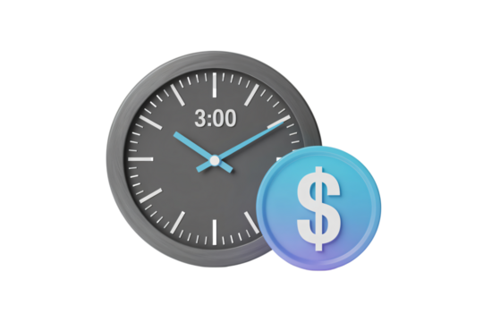 Time is money concept with clock showing three o'clock and dollar coin symbol on transparent background