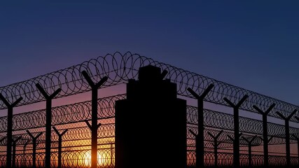 Security fence silhouette with barbed wire at sunset. Barrier and boundary for prison or restricted area. Animated video footage. - Powered by Adobe