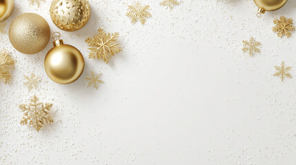 白い背景に舞う金色の雪の結晶とクリスマスオーナメント