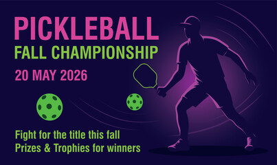 A man playing pickleball with a racket and ball against a dark background. Vector neon pickleball tournament banner with silhouette. Suitable for posters, social media, sporting event advertising