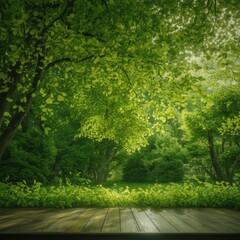Sunlight filters through lush green forest canopy onto a wooden surface