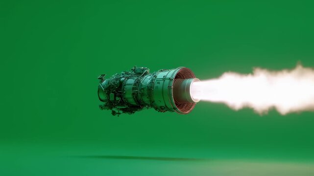 Reaction control thruster of a space module releasing a sharp instantaneous burst of exhaust emphasizing finetuned spacecraft orientation on green screen.