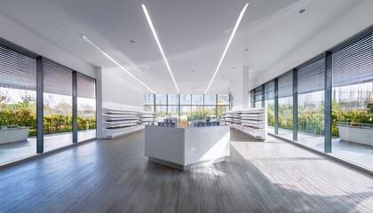 Obraz premium minimalist store interior with white shelves products and large windows