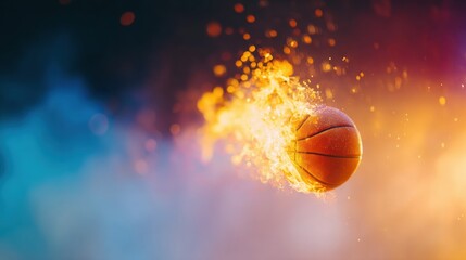 Obraz premium Basketball in motion with colorful flames and smoke background