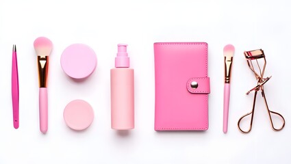 Flat lay of pink makeup tools and accessories for beauty and skincare routine on white background