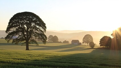 Obraz premium Sunrise over a Peaceful Farmland with Majestic Trees