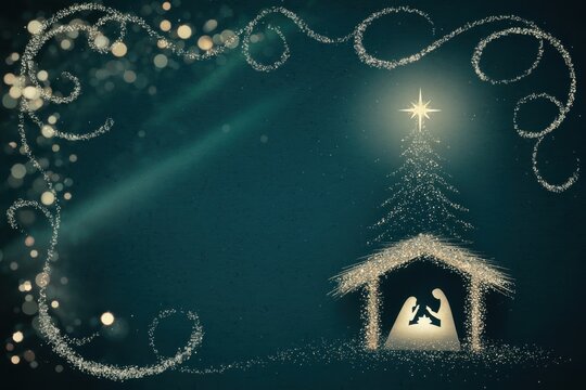 Nativity scene with star and festive border on dark blue background