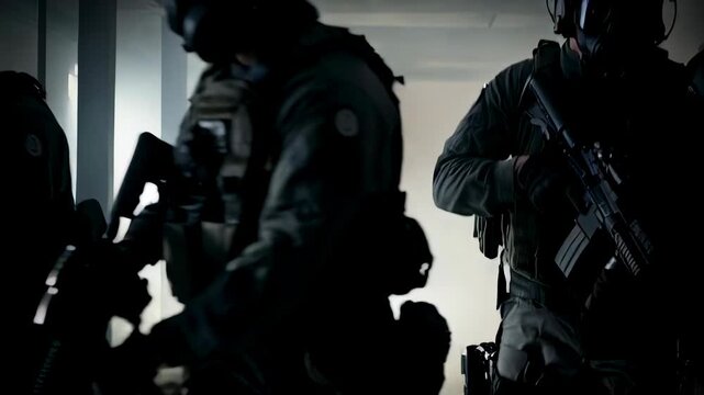 Men in tactical gear with gas masks holding rifles in a dimly lit, smoky corridor, tactical operation footage