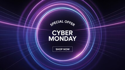 Cyber monday sale announcement with glowing neon circles and text