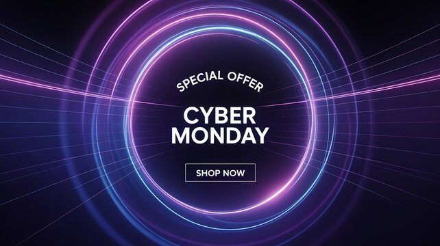 Cyber monday sale announcement with glowing neon circles and text