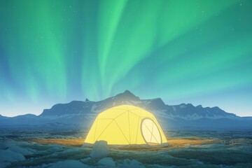 Cozy igloo glows under vibrant aurora borealis in arctic landscape