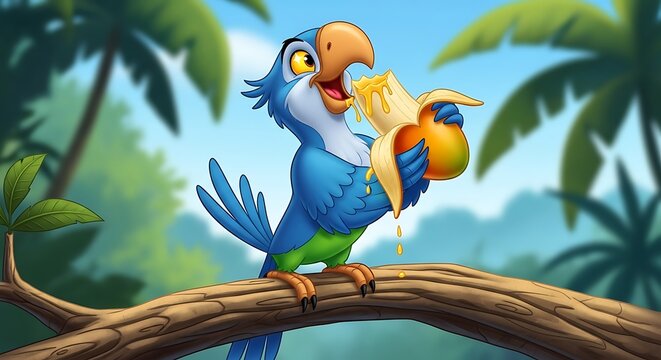 Parrot eating mango fruit.