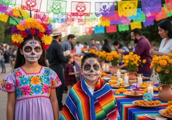 Children with skull face paint at a Day of the Dead celebration with decorations calavera