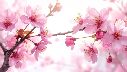 A cherry blossom branch with pink flowers realistic organic texture white background with soft highlights