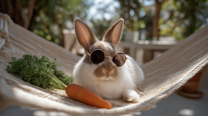 Rabbit with Sunglasses: A rabbit in shades lounging in a mini hammock with a carrot a water bottle and a sunny garden patio. three quarter wide angle cinematic color correction