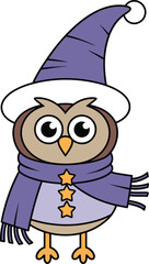 A cute cartoon drawing of a sleepy owl wearing a purple wizard hat and scarf with stars, isolated on a white background.