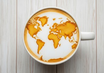 Coffee latte with world map art on a white wooden table image photo