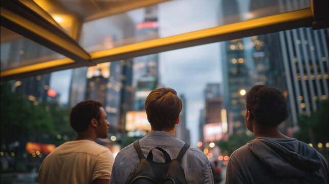 Commuter Bus Stop: A low angle shot of people waiting at a bus stop with tickets backpacks and city billboards towering above. three quarter wide angle cinematic color