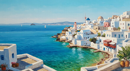 Fototapeta premium Oil painting of a sunlit Mediterranean town with whitewashed houses and blue rooftops along the coast.