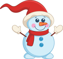  A cute and happy cartoon snowman wearing a red winter hat and scarf, with a carrot nose and coal buttons.