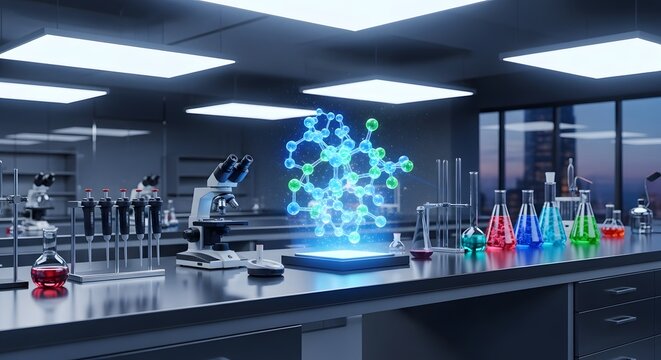 Cutting-edge science lab with 3D molecule hologram, beakers and microscope ready for innovative research and breakthrough discovery in modern facility - Powered by Adobe