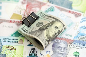 Nigerian naira currency money bills and bunch of us dollar banknotes close up. The concept of economics and currency exchange
