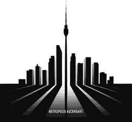 Black silhouette of city skyline with communication tower and buildings white background.




