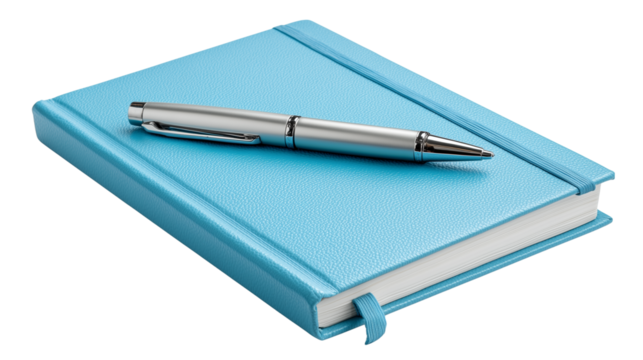 Blue Notebook with Silver Pen Isolated on Transparent Background