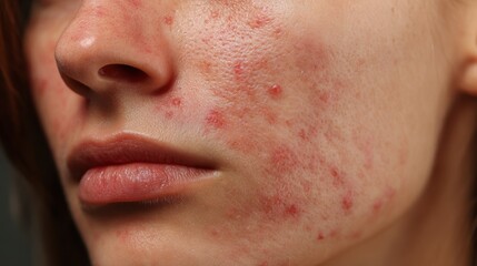 Fototapeta premium acne on woman face with rash skin, scar, and red skin syndrome allergic to cosmetics, use steroids, dermatology, inflammation, infection, hygiene