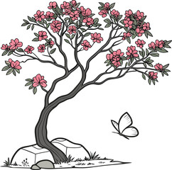 Obraz premium Elegant line art bougainvillea tree with a classic stone bell design element