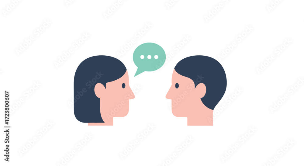 Poster communication icon showing interaction between two people with speech bubble discussion