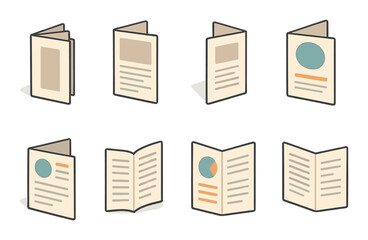 Collection of various brochure designs in neutral tones with text and graphics