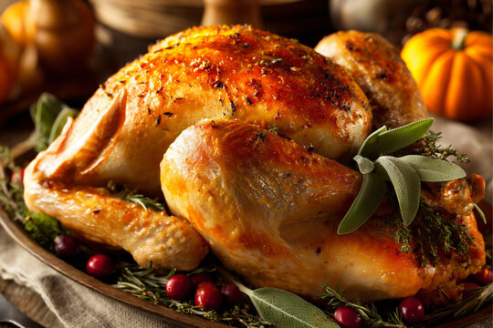 A turkey roasted dick with golden and crispy brown skin, decorated with autumn-themed elements such as sage leaves, fresh cranberry and small pumpkin.