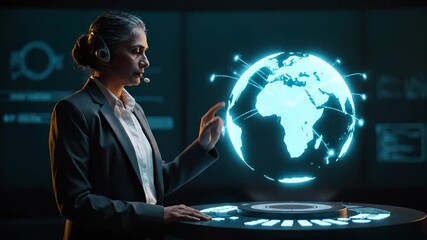 Woman operates hologram control interface. Operator uses headset to manipulate globe. Data visualization and network appear over table. Technology display shows global communication and system status. - Powered by Adobe