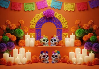 Colorful Day of the Dead altar with skulls marigolds and candles Keywords: day of the dead altar