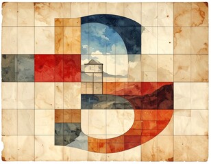 Abstract letter form with layered landscape