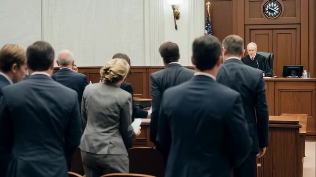 Man judge presides over a court hearing with attorney, female attorney, woman and man in courtroom, legal proceeding footage.