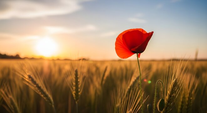 Vibrant red poppy basking in the warm glow of the setting sun over a field of golden grain - Powered by Adobe