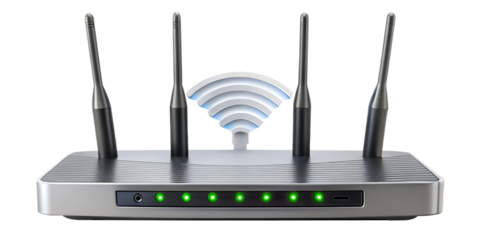 Close up of a wireless router with four antennas and green led lights indicating connectivity status