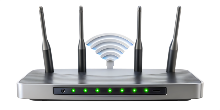 Close up of a wireless router with four antennas and green led lights indicating connectivity status