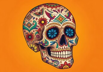 Colorful Sugar Skull Decorated With Flowers Birds And Butterfly day of the dead dia de los muertos